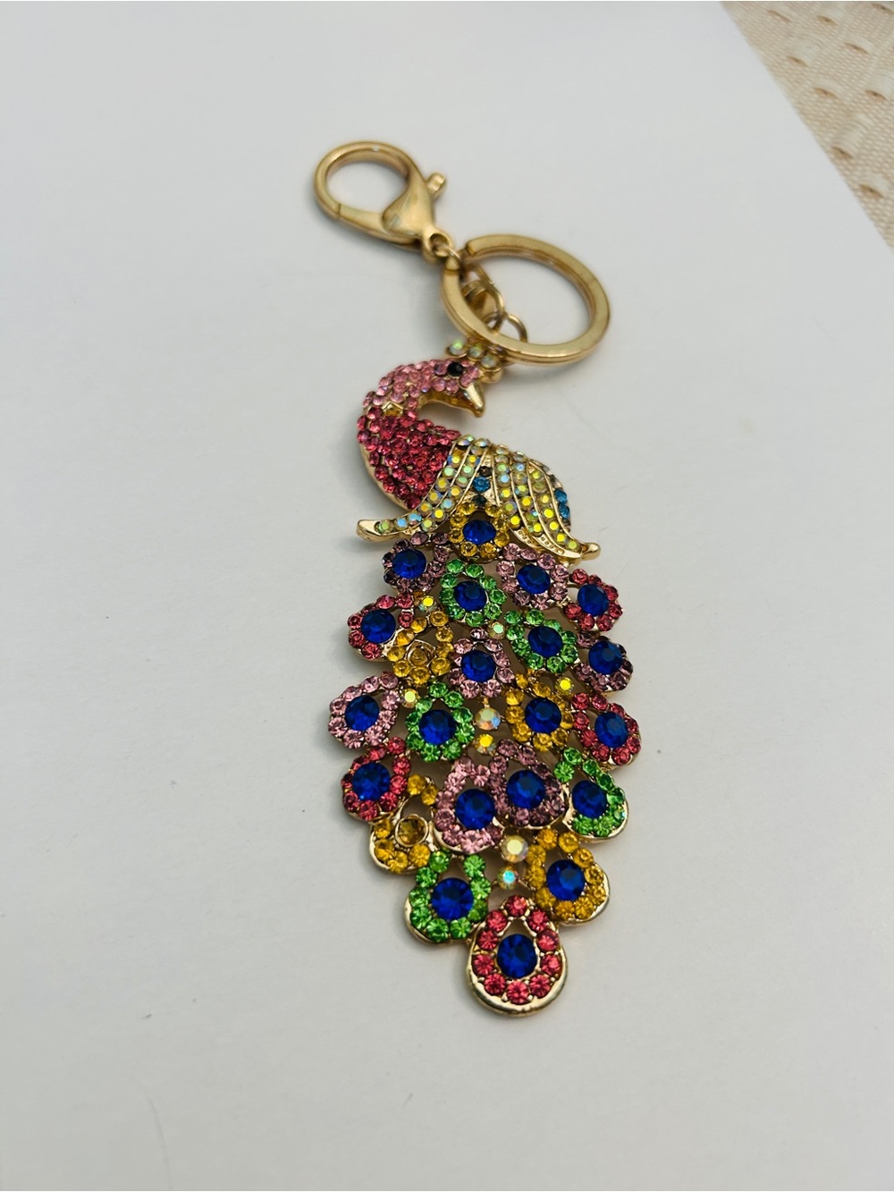 Colorful Jeweled Peacock Keychain